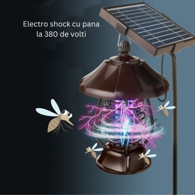 Lampa solara pentru gradina, anti-insecte, tantari, muste, UV, LED, material ABS, putere 5W, 1.2 V, autonomie 8 ore, 2 moduri de functionare, IP65, electric shock 380 volti, 30 x 19.5 cm, maro