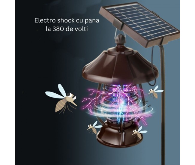 Lampa solara pentru gradina, anti-insecte, tantari, muste, UV, LED, material ABS, putere 5W, 1.2 V, autonomie 8 ore, 2 moduri de functionare, IP65, electric shock 380 volti, 30 x 19.5 cm, maro