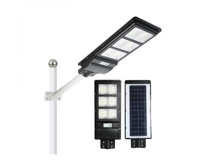 Lampa solara stradala Flippy, cu telecomanda, senzor de miscare si lumina, suport prindere, 135 LED-uri, IP65, ABS, 8AH, 100W, temperatura culoare 6500K, 48.5x22x6.8 cm, autonomie 10-12 ore, negru