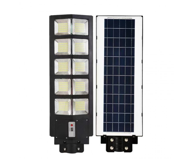 Lampa solara stradala Flippy, cu telecomanda, senzor de miscare si lumina, suport prindere, 225 LED-uri, IP65, ABS, 15AH, 300W, temperatura culoare 6500K, 69.5x24.3x6.8 cm, autonomie 10-12 ore, negru