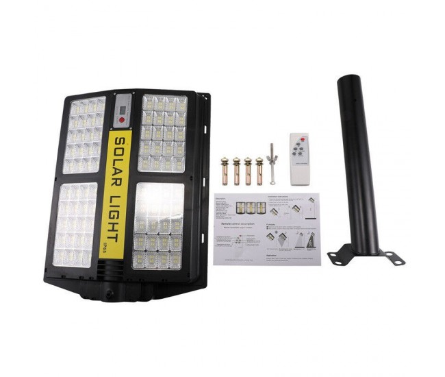 Lampa solara stradala Flippy, cu telecomanda, senzor de miscare si lumina, suport prindere, 280 LED-uri, IP65, ABS, 12AH, 500W, temperatura culoare 6500K, 44.5x37.7x6.6 cm, autonomie 10-12 ore, negru