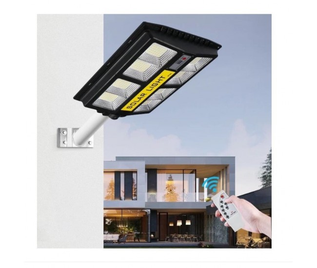 Lampa solara stradala Flippy, cu telecomanda, senzor de miscare si lumina, suport prindere, 720 LED-uri, IP65, ABS, 15AH, 500W, temperatura culoare 6500K, 44.5x34.7x6.6 cm, autonomie 10-12 ore, negru