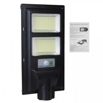 Lampa solara stradala Flippy, cu telecomanda, senzor de miscare si lumina, suport prindere, 96 LED-uri, IP65, ABS, 5AH, 100W, temperatura culoare 6500K, 37.8x18.8x5 cm, autonomie 10-12 ore, negru