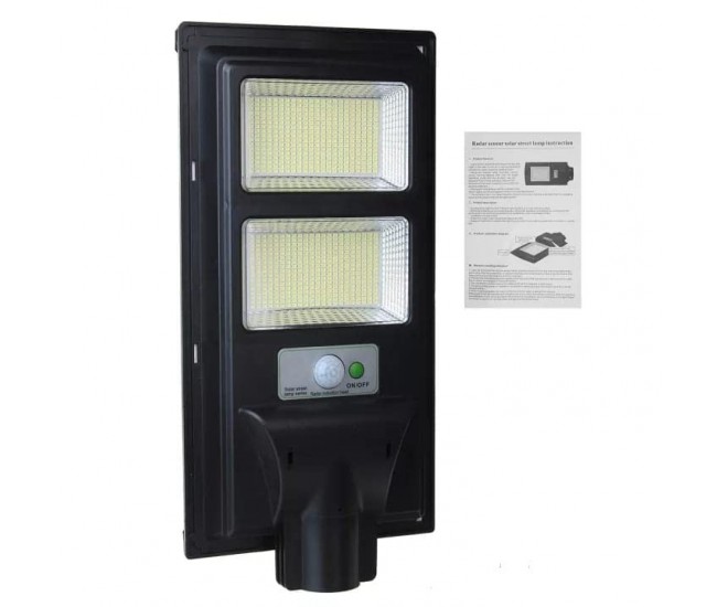 Lampa solara stradala Flippy, cu telecomanda, senzor de miscare si lumina, suport prindere, 96 LED-uri, IP65, ABS, 5AH, 100W, temperatura culoare 6500K, 37.8x18.8x5 cm, autonomie 10-12 ore, negru