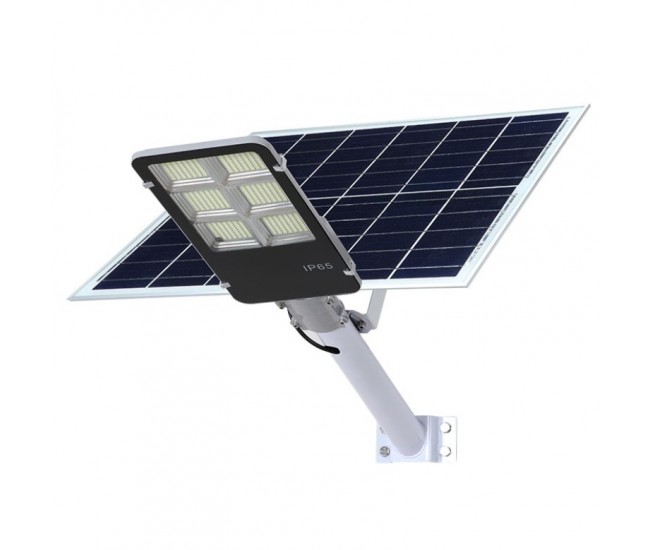 Lampa solara stradala Flippy, IP65, senzor de lumina, 100 LED-uri SMD, 7200 lm, panou 12W, putere 80W, autonomie 12-16 ore, telecomanda, montare prin fixare, pentru strada sau gradina, finisaj lucios, material ABS, 38.6 x 13.3 x 6.5 cm, lumina alb rece