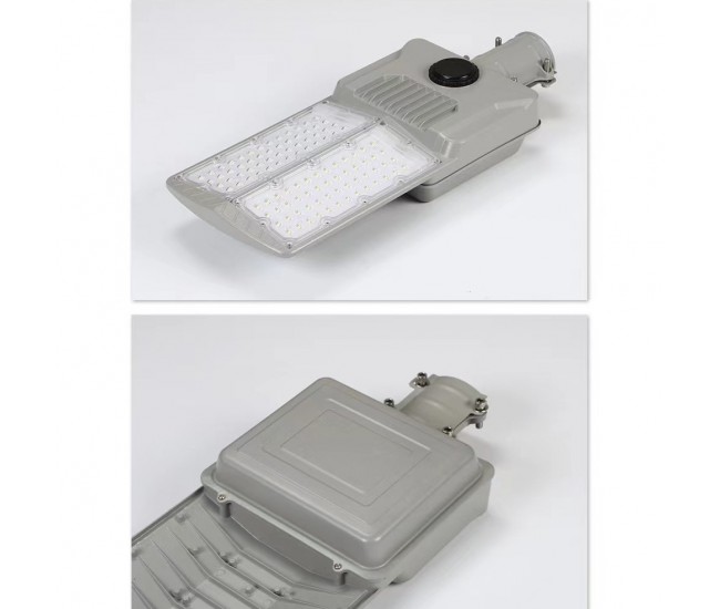 Lampa solara stradala Flippy, pentru curte sau strada, cu doua grile, finisaj mat, rezistent la apa, montare prin fixare, senzor lumina, baterie de litiu, IP65, lumina rece, putere 300W, autonomie 10 ore, 51.5 x 21 cm, gri