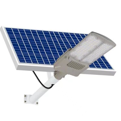 Lampa solara stradala Flippy, pentru curte sau strada, cu doua grile, finisaj mat, rezistent la apa, montare prin fixare, senzor lumina, baterie de litiu, IP65, lumina rece, putere 300W, autonomie 10 ore, 51.5 x 21 cm, gri