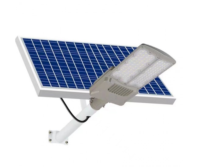 Lampa solara stradala Flippy, pentru curte sau strada, cu doua grile, finisaj mat, rezistent la apa, montare prin fixare, senzor lumina, baterie de litiu, IP65, lumina rece, putere 300W, autonomie 10 ore, 51.5 x 21 cm, gri