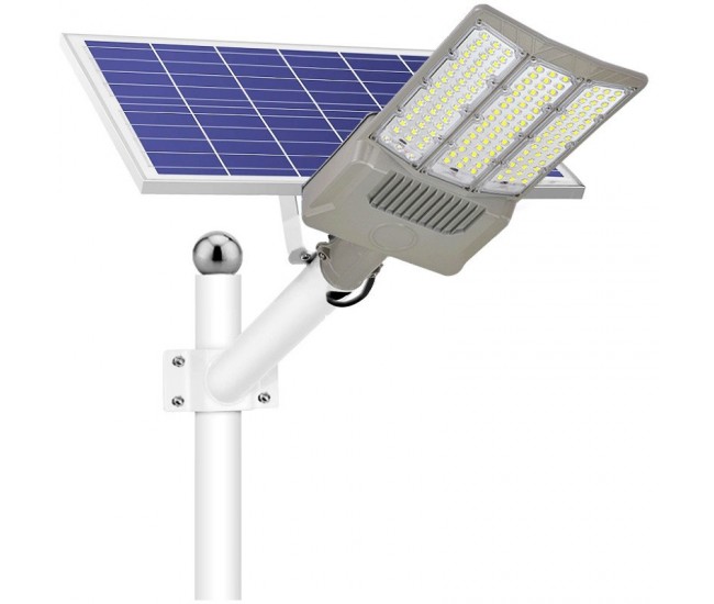 Lampa solara stradala Flippy, pentru curte sau strada, cu trei grile, finisaj mat, rezistent la apa, montare prin fixare, senzor lumina, baterie de litiu, IP65, lumina rece, putere 1000W, autonomie 10 ore, 55 x 23 x 9 cm, gri