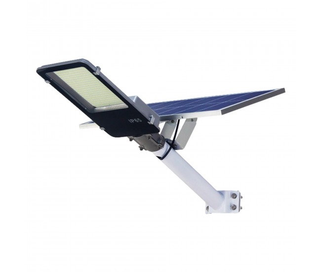 Lampa solara stradala Flippy, pentru curte sau strada, finisaj lucios, rezistent la apa, montare prin fixare, senzor lumina, baterie de litiu, IP65, lumina rece, putere 500W, autonomie 10 ore, 49.5 x 21 x 9 cm, negru