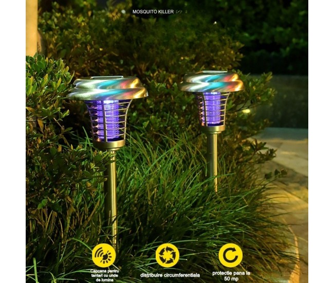 Lampa solara tip torta Flippy, anti-insecte, tantari, UV, LED, 1.2V, IP65, 1 LED, material ABS, 48 x 14 cm, gri