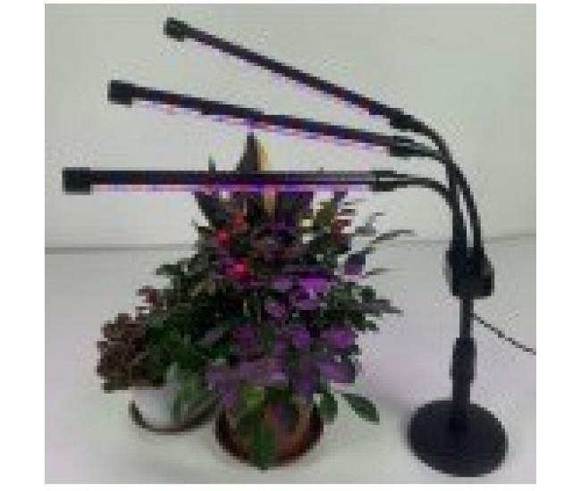 Lampa UV pentru cresterea plantelor Flippy, 3 capete, extensibila, ajustabila pana la 66.5 cm, 10W, USB, 72 LED-uri, lumina mov, timer, 9 nivele lumina