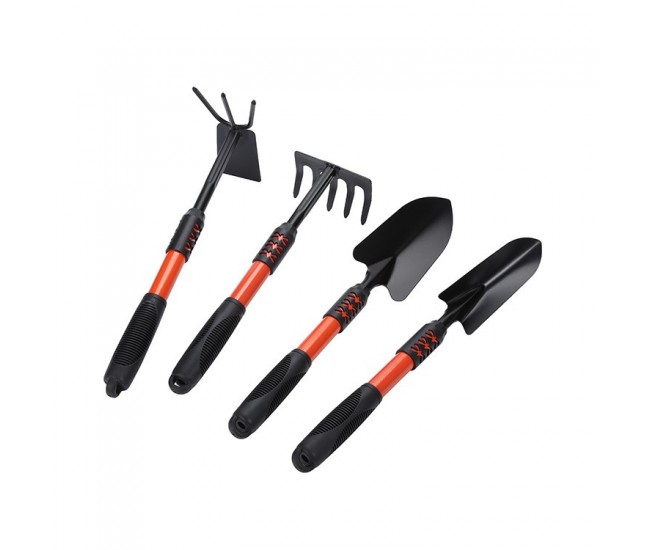 Set 4 Unelte de Gradina Flippy, Maner extensibil, pentru Plantare Prelucrare Sol si Ingrijire Plante, Material otel carbon, negru