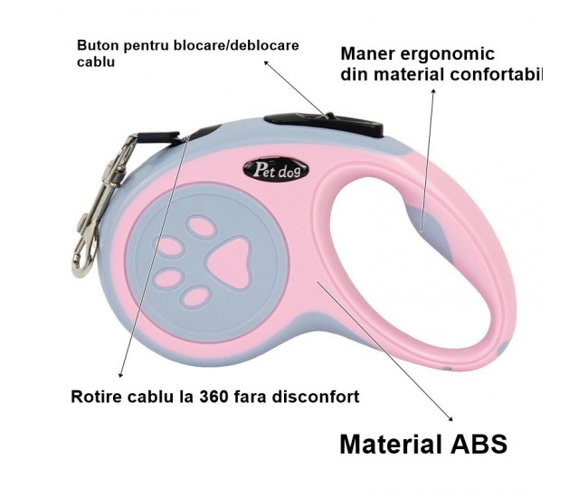 Lesa Automata Retractabila, Flippy, pentru Caini, 3m, 20 kg, ABS/Nylon, Roz/Gri, 8x12x4 cm