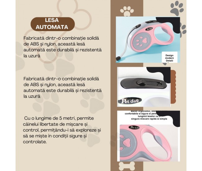 Lesa Automata Retractabila, Flippy, pentru Caini, 5m, 20 kg, ABS, Roz/Gri, 8x12x4 cm