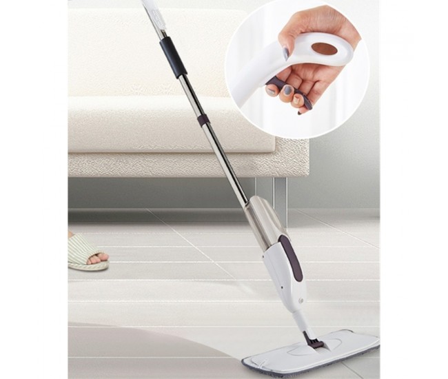 Mop plat, Flippy, cu pulverizator, pentru uz casnic, plastic, rezerva de mop din microfibra, 125x40 cm, Alb/Mov