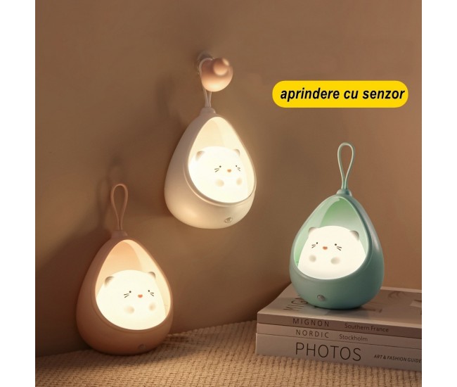 Lampa de veghe portabila cu 2 moduri de functionare Flippy, silicon non-toxic, reincarcabila USB, senzor miscare, alb, iepuras