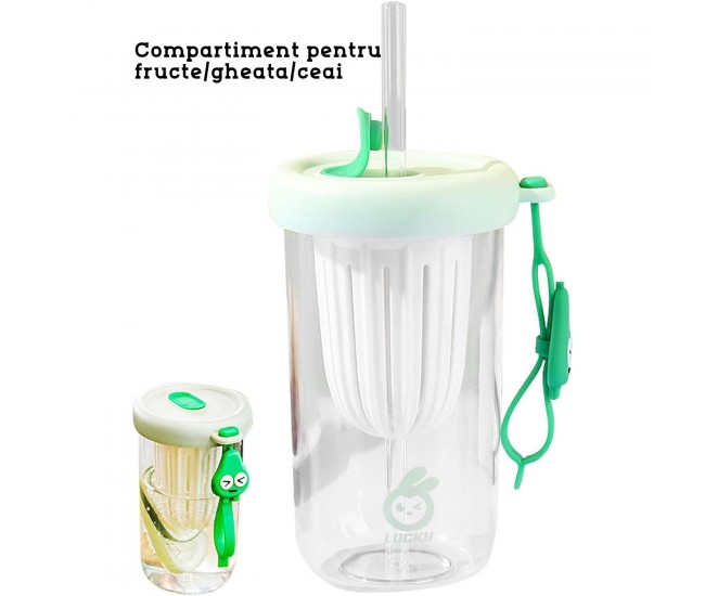 Pahar din silicon, cu capac si pai, pentru copii, Flippy, anti-cadere, compartiment pentru fructe/ceai/gheata, rezistent la temperaturi inalte, 500ml, Verde, 14.5x8.8x20 cm