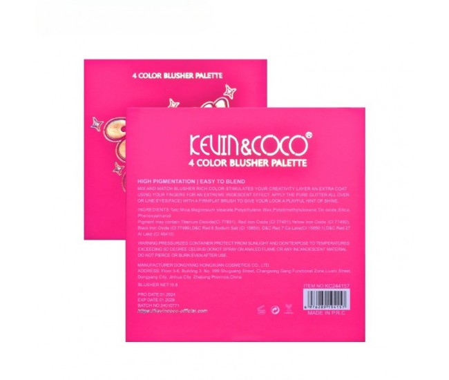 Paleta de Blush, KEVIN&COCO, 4 Culori Stay Wild, 12.2 x 12.2 x 0.9 cm