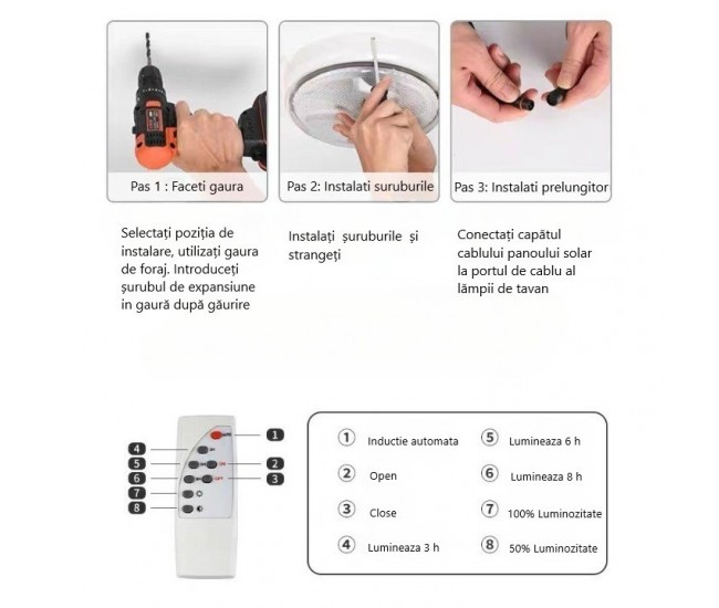 Plafoniera solara Flippy, 30W, diametru 145MM, cu telecomanda, alb rece