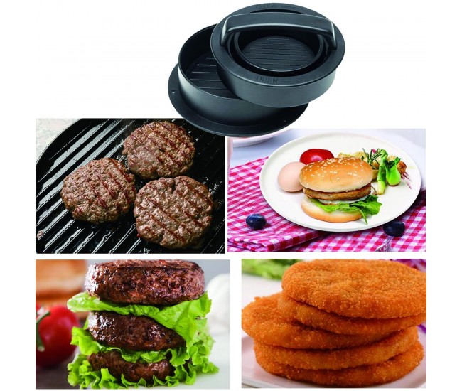 Presa dubla pentru hamburgeri 2 in 1, forma si presa, doua dimensiuni, cu maner, usor de curatat si folosit, material ABS, 100 de foi hartie de copt incluse, 13x13.5x7 cm, fara lipire, neagra