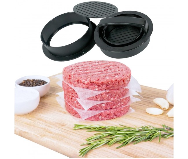 Presa dubla pentru hamburgeri 2 in 1, forma si presa, doua dimensiuni, cu maner, usor de curatat si folosit, material ABS, 100 de foi hartie de copt incluse, 13x13.5x7 cm, fara lipire, neagra