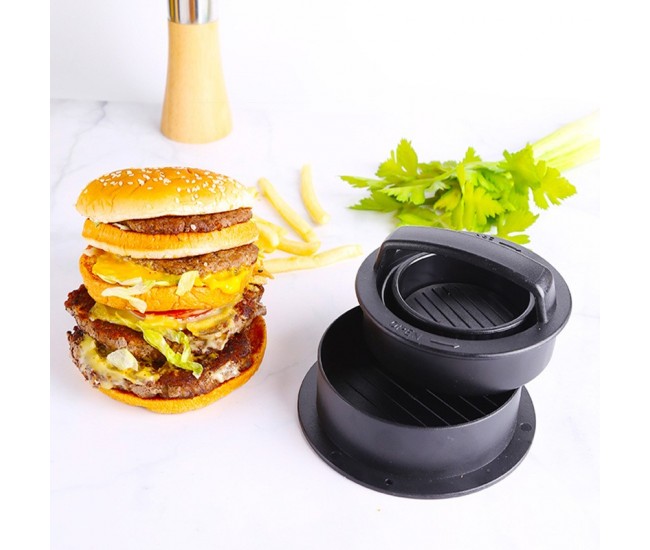 Presa dubla pentru hamburgeri 3 in 1, forma si presa, cu maner, usor de curatat si folosit, 13x13x7 cm, fara lipire, neagra