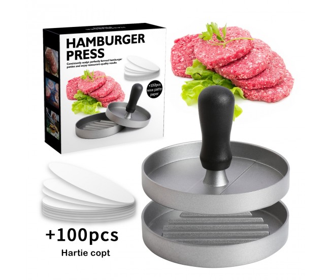 Presa manuala pentru burgeri Flippy, material ABS si aluminiu, forma si presa, usor de curatat si folosit, 11.7 x 8.5 cm, gri