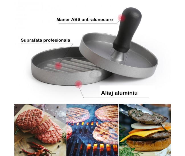 Presa manuala pentru burgeri Flippy, material ABS si aluminiu, forma si presa, usor de curatat si folosit, 11.7 x 8.5 cm, gri