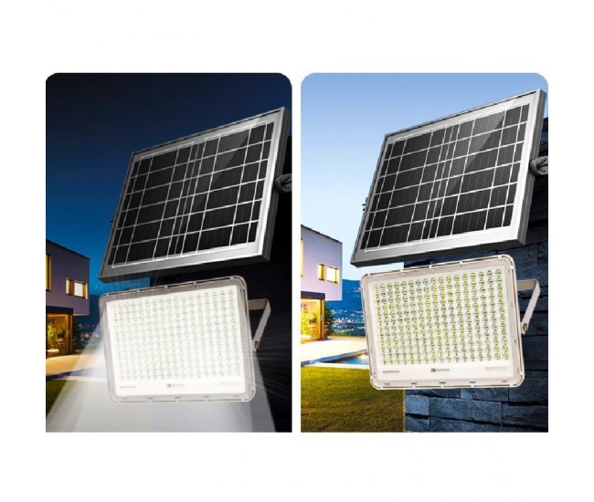 Proiector LED cu Panou Solar Flippy, Senzor de lumina Waterproof, 100W, 23x18 cm, suport U inclus, panou afisaj nivel baterie, telecomanda, 220V, Design Modern, Alb