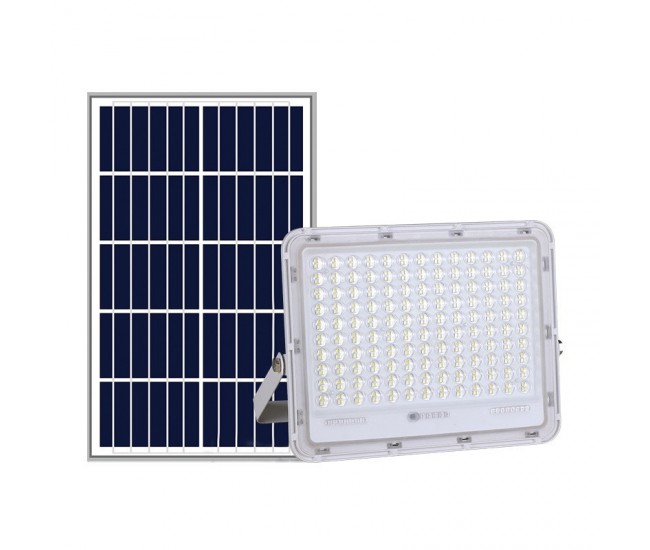 Proiector LED cu Panou Solar Flippy, Senzor de lumina Waterproof, 100W, 23x18 cm, suport U inclus, panou afisaj nivel baterie, telecomanda, 220V, Design Modern, Alb