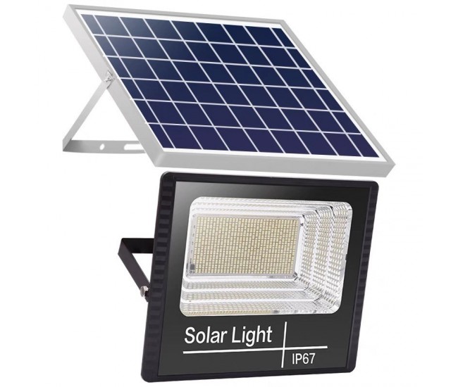 Proiector LED/Lampa solara de exterior Flippy, 15 cm x 12 cm, Rezistent la Apa IP67, cu Panou Solar, 100 LED SMD, 30W, Senzor de lumina, Timer, cu Telecomanda, 2 moduri de iluminat, kit montaj inclus, Lumina Rece