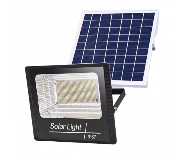 Proiector LED/Lampa solara de exterior Flippy, 15 cm x 20 cm, Rezistent la Apa IP67, cu Panou Solar, 114 LED SMD, 65W, Senzor de lumina, Timer, cu Telecomanda, 2 moduri de iluminat, kit montaj inclus, Lumina Rece