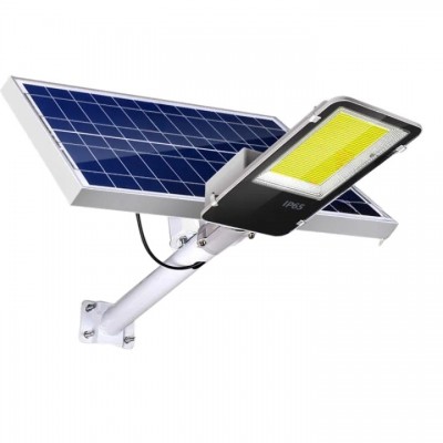 Proiector LED pentru stalp, casa, perete cu suport metalic inclus, Flippy, 38,5 cm x 14,2 cm, Rezistent la Apa IP65, cu Panou Solar, 240 COB LED, 100 W, Senzor de lumina, Timer, cu Telecomanda, intensitate reglabila, kit montaj inclus, Lumina Rece