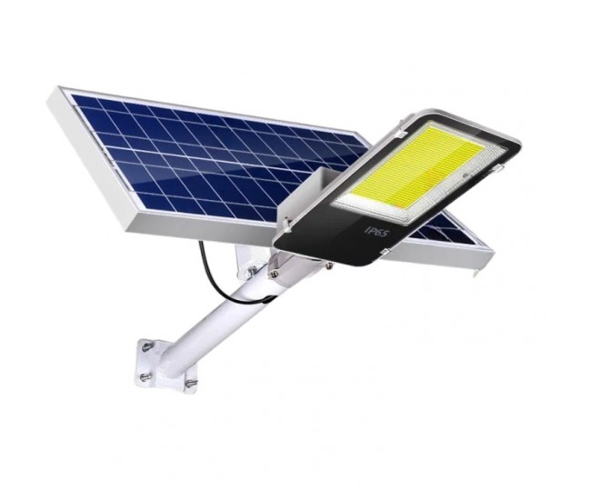 Proiector LED pentru stalp, casa, perete cu suport metalic inclus, Flippy, 38,5 cm x 14,2 cm, Rezistent la Apa IP65, cu Panou Solar, 240 COB LED, 100 W, Senzor de lumina, Timer, cu Telecomanda, intensitate reglabila, kit montaj inclus, Lumina Rece