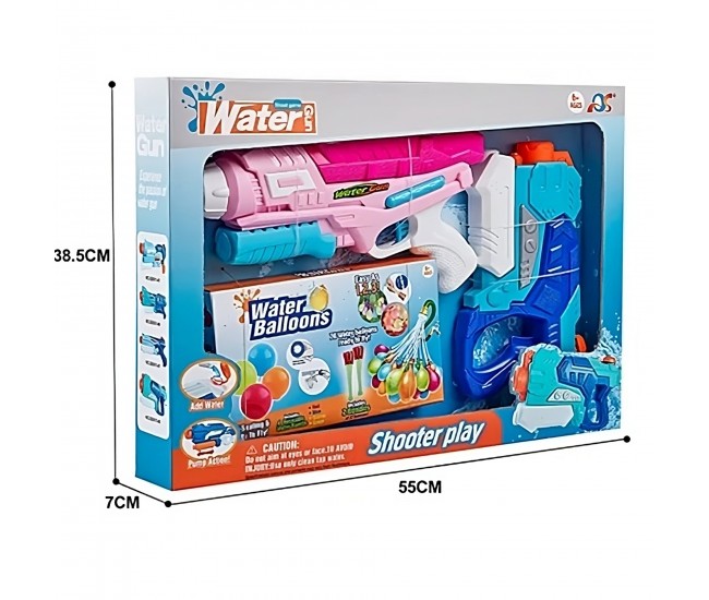 Set 2x Pistol cu Apa pentru Copii, Flippy, 6ani+, cu baloane de apa, Albastru + Roz, 1x 600 ML +  1x 550 ML