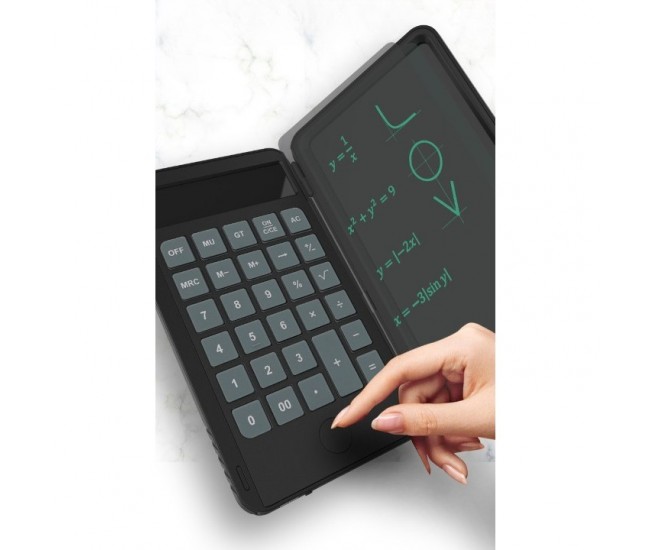 Calculator de Mana Reincarcabil cu Tabla de Scris, Flippy, Calculator Portabil, Ecran LCD, Afisaj cu 12 Cifre, Ecran de 15 cm, Culoare Negru