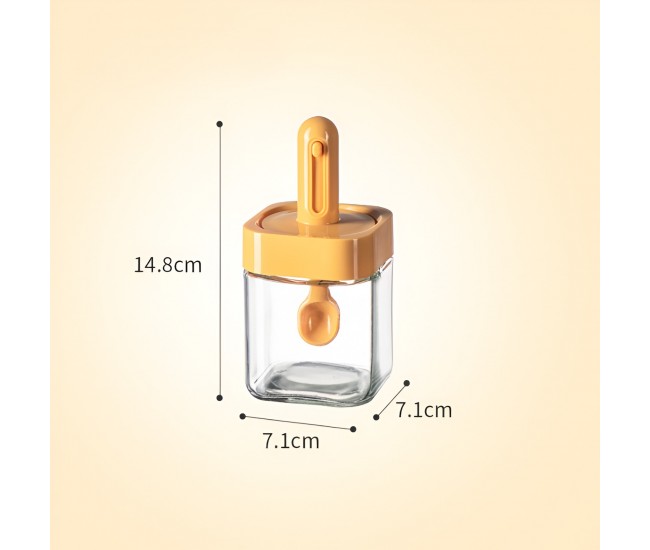 Recipient pentru Depozitarea Condimentelor, Flippy, Borcan din Sticla, Capac si Lingura Incorporate, Uz Casnic, 300 ml, 7.1x7.1x14.8 cm, Portocaliu