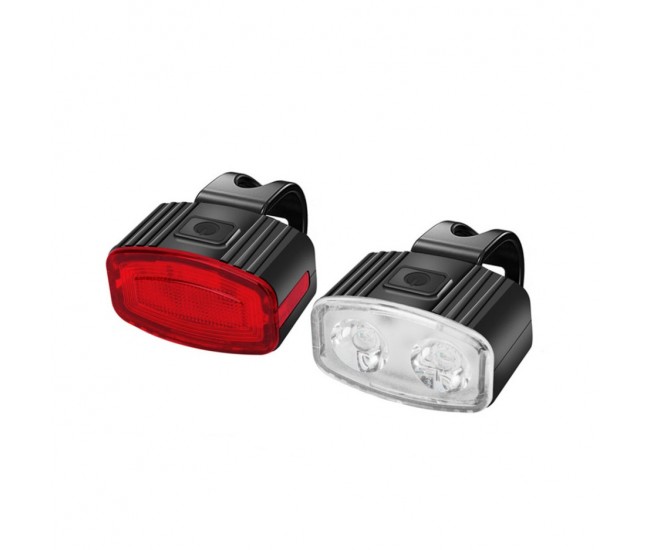 Set far si stop spate LED bicicleta, Flippy, incarcare USB, rezistent la apa, 4 moduri de luminare, Plastic, Alb/Rosu, 10x6x4 cm