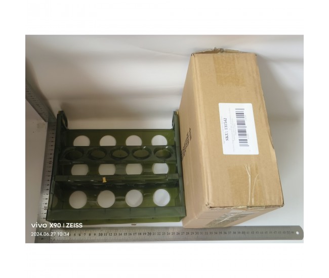 Suport organizator oua pentru frigider, Flippy, Verde transparent, capacitate 30 oua, Trei straturi, 25.5x23x10 cm