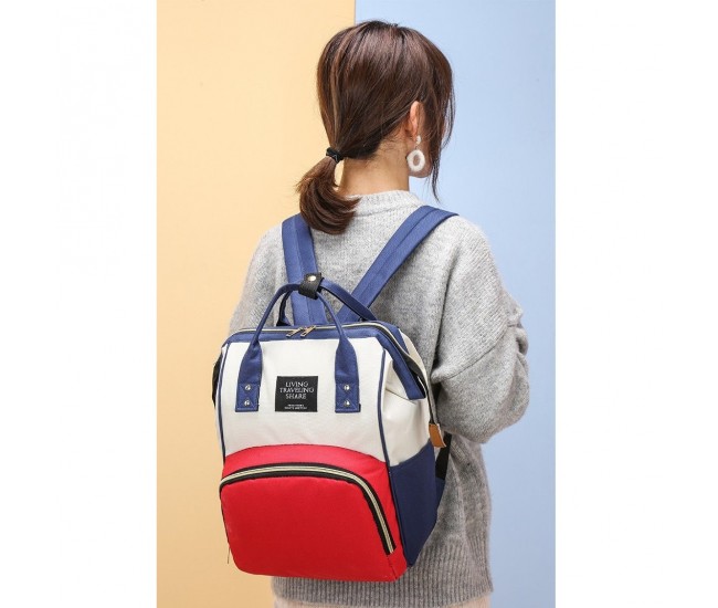 Rucsac Multifunctional pentru Mamici, Flippy, din Panza Oxford, Compartimentare Multipla, Impermeabil, 43 x 18 x 26 cm, Alb/Rosu/Albastru