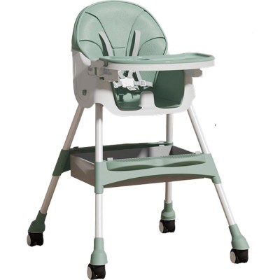 Scaun de masa pentru bebelusi si copii Flippy, cu roti, telescopic, pliabil, masuta reglabila, suport picioare, scaun invelis piele artificiala, centura siguranta, spatiu depozitare, 97 x 73 x 65 cm, verde