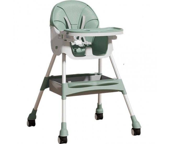 Scaun de masa pentru bebelusi si copii Flippy, cu roti, telescopic, pliabil, masuta reglabila, suport picioare, scaun invelis piele artificiala, centura siguranta, spatiu depozitare, 97 x 73 x 65 cm, verde