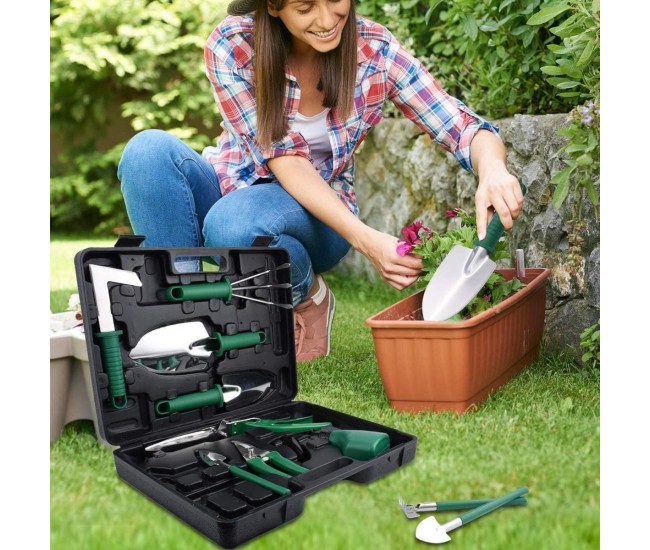 Set 10 Unelte de Gradina, Flippy, pentru Plantare Prelucrare Sol si Ingrijire Plante, Manere Verzi, Material PVC si Otel Inoxidabil, Cutie Inclusa, 37x28x7 cm, Negru