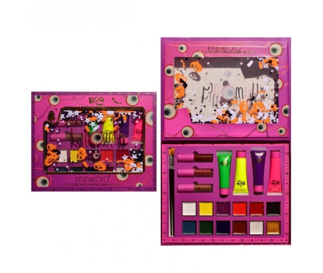 Set Produse de Pictat Fata, KEVIN & COCO, Halloween, 12 culori, 3 Rujuri, 4 Tuburi Vopsea, 25.5 x 20.5 x 2.6 cm, Multicolor