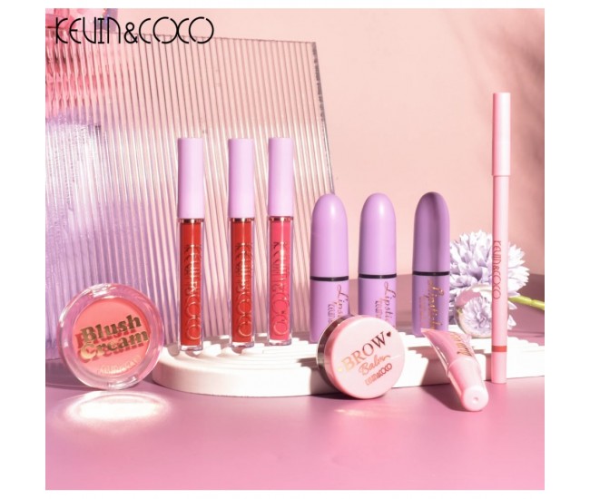 Set 13 piese cosmetice Kevin&Coco, 6 Lip Gloss, 2 Gloss drip, Ceara sprancene, Crema blus, Creion , paleta farduri 50 culori nuante rose/nude/maro, cutie patrata, multicolor