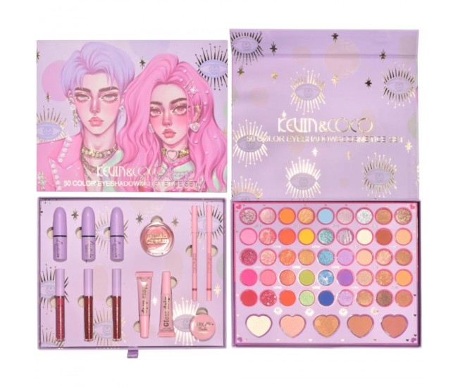 Set 13 piese cosmetice Kevin&Coco, 6 Lip Gloss, 2 Gloss drip, Ceara sprancene, Crema blus, Creion , paleta farduri 50 culori nuante rose/nude/maro, cutie patrata, multicolor