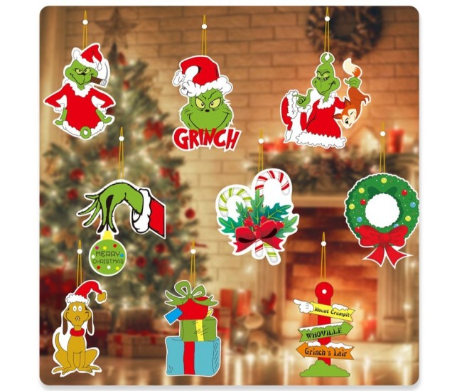 Set 18 Decoratiuni de Craciun din Lemn, Flippy, cu Snur pentru Agatare in Brad, Model Grinch, Diferite Dimensiuni, Multicolor