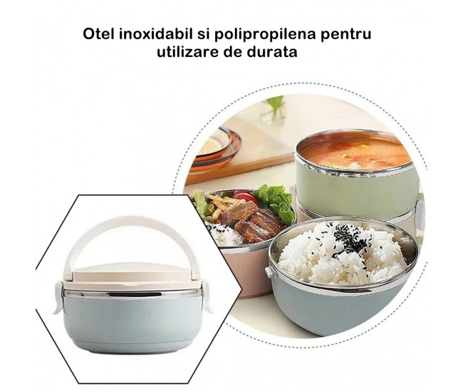 Set 2 Caserole pentru alimente Flippy, lunch box, 1400 ml, otel inoxidabil, maner, valva aerisire, 15.5 x 15 cm, inchidere etansa, multicolor