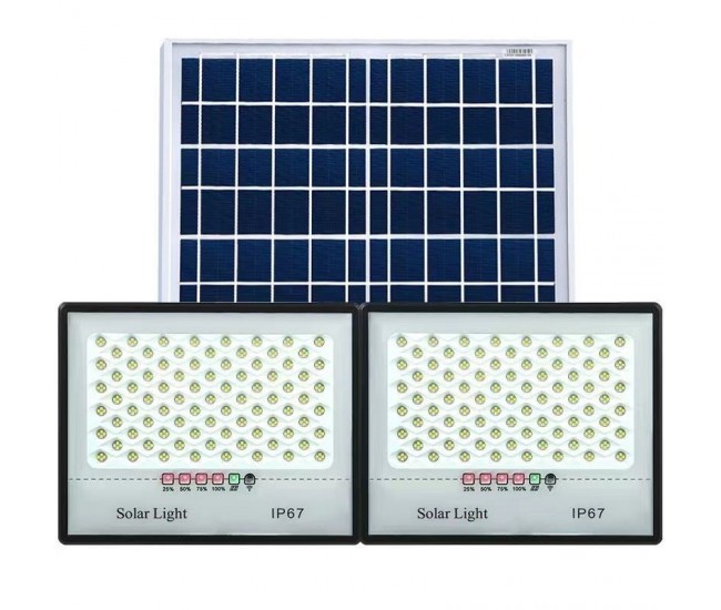 Set 2 proiectoare LED cu Panou Solar Flippy, Senzor de miscare, Telecomanda, Waterproof, 322*2  LED-uri incorporate, 200W, 30*24 cm, IP67, Design Modern, Negru